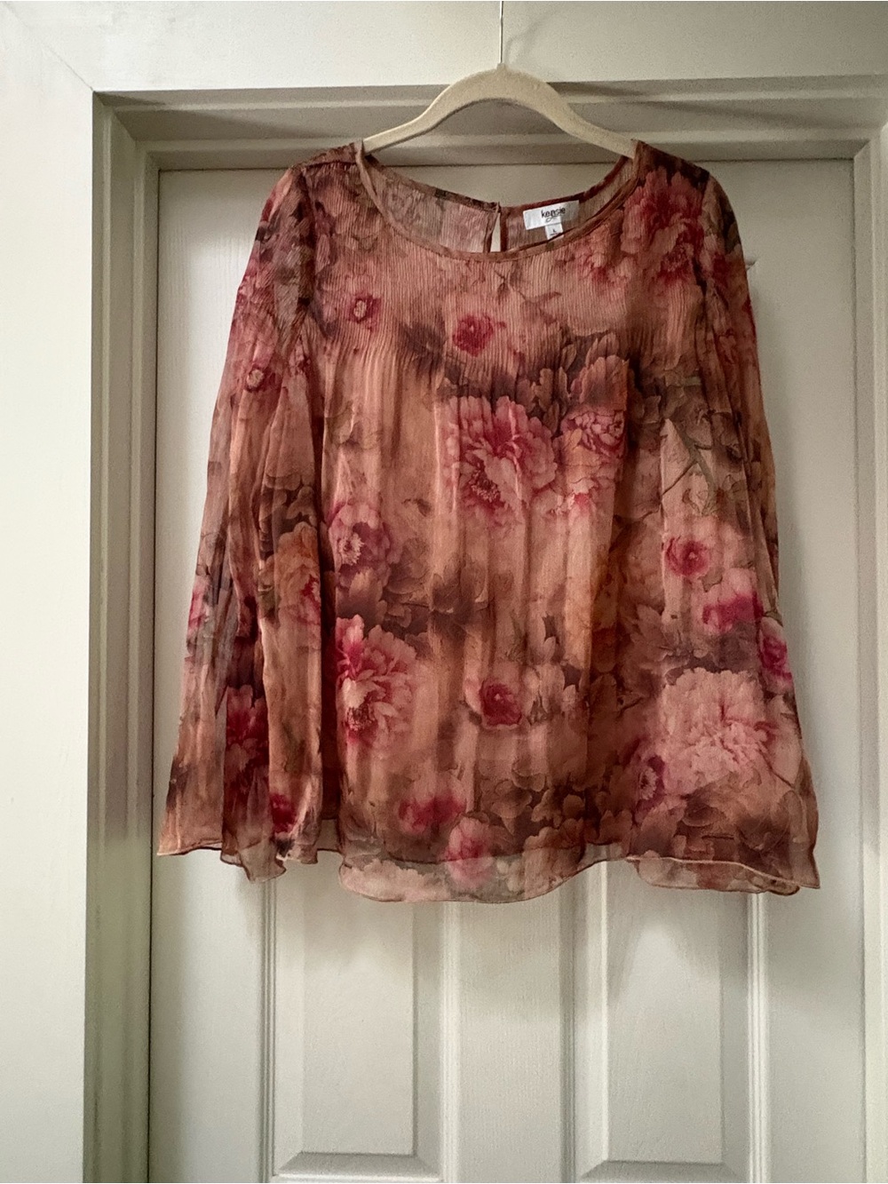 Kensie Brown and Pink Floral Sheer Blouse
